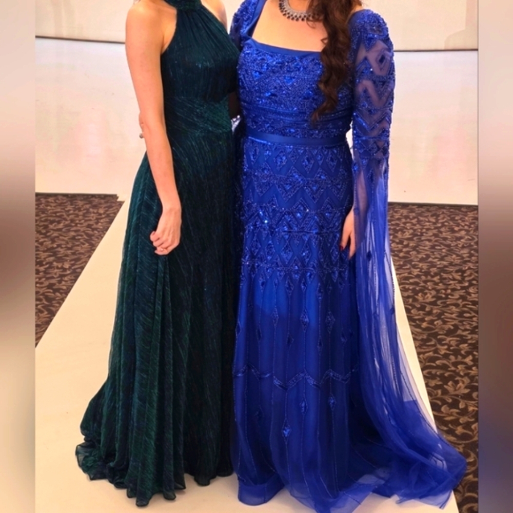 Serene Hill Beaded Elegant Blue Cape Sleeve Evening Gown - Size US 12 Large - Picture 3 of 17